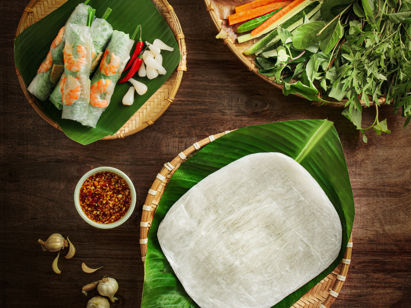 Sun-dried rice paper is sold widely at the foot of Ba Den Mountain.