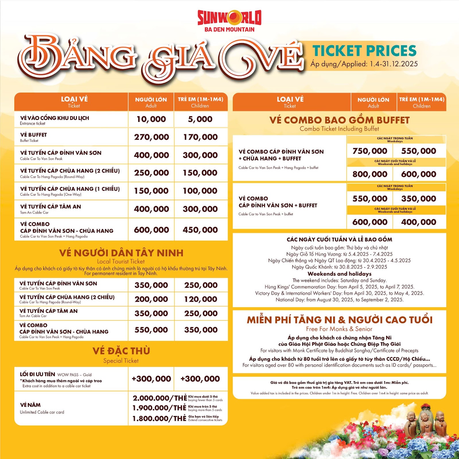 Bảng giá vé Sun World Ba Den áp dụng đến 31.12.2025.