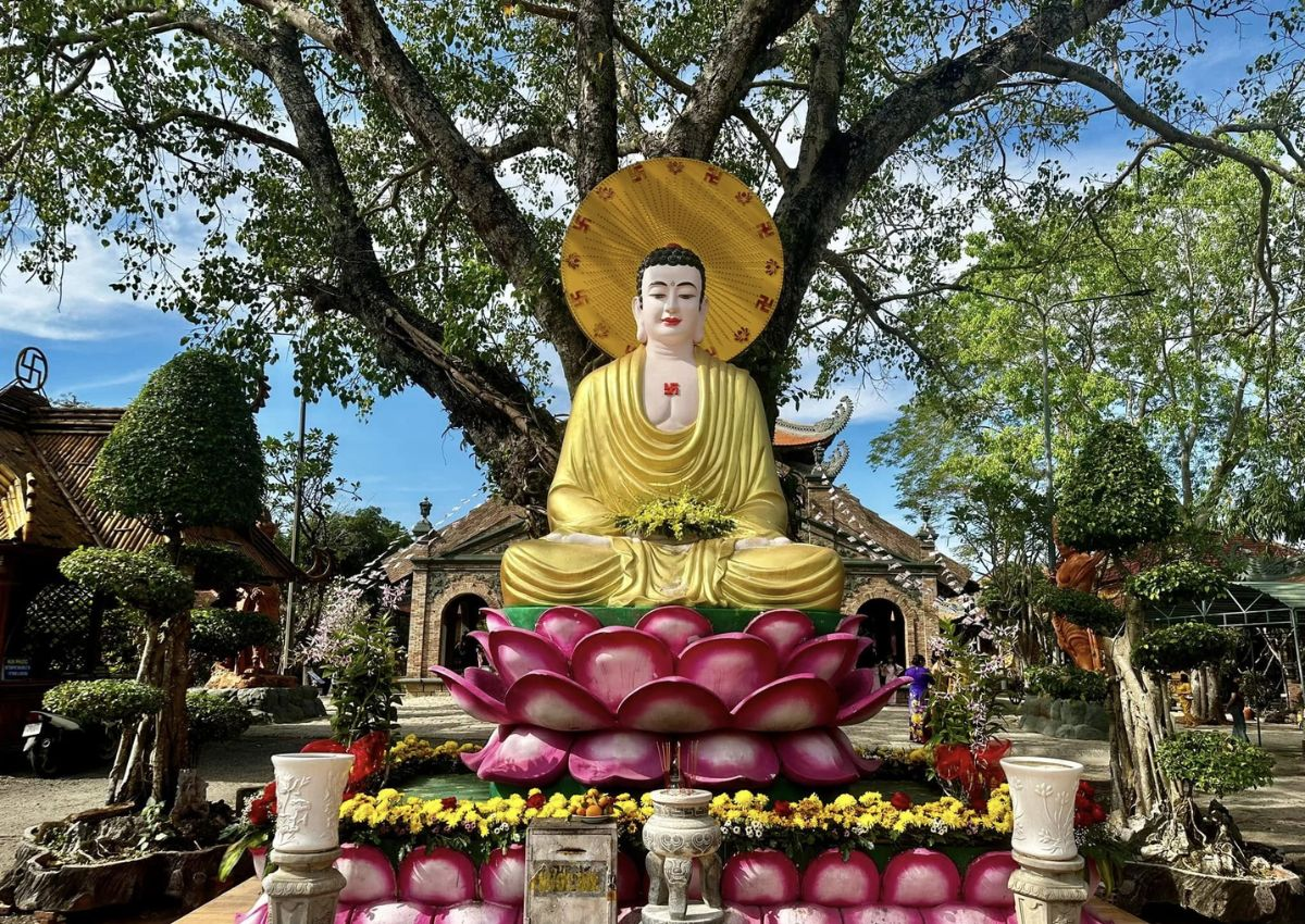 Vào mùa xuân ngôi chùa rực rỡ trong sắc hoa, sắc là xanh. 