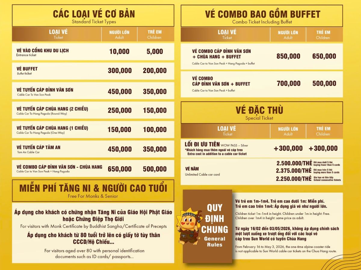 Giá vé cáp treo núi Bà Đen theo cập nhật mới nhất tại trang chủ của Sun World. 