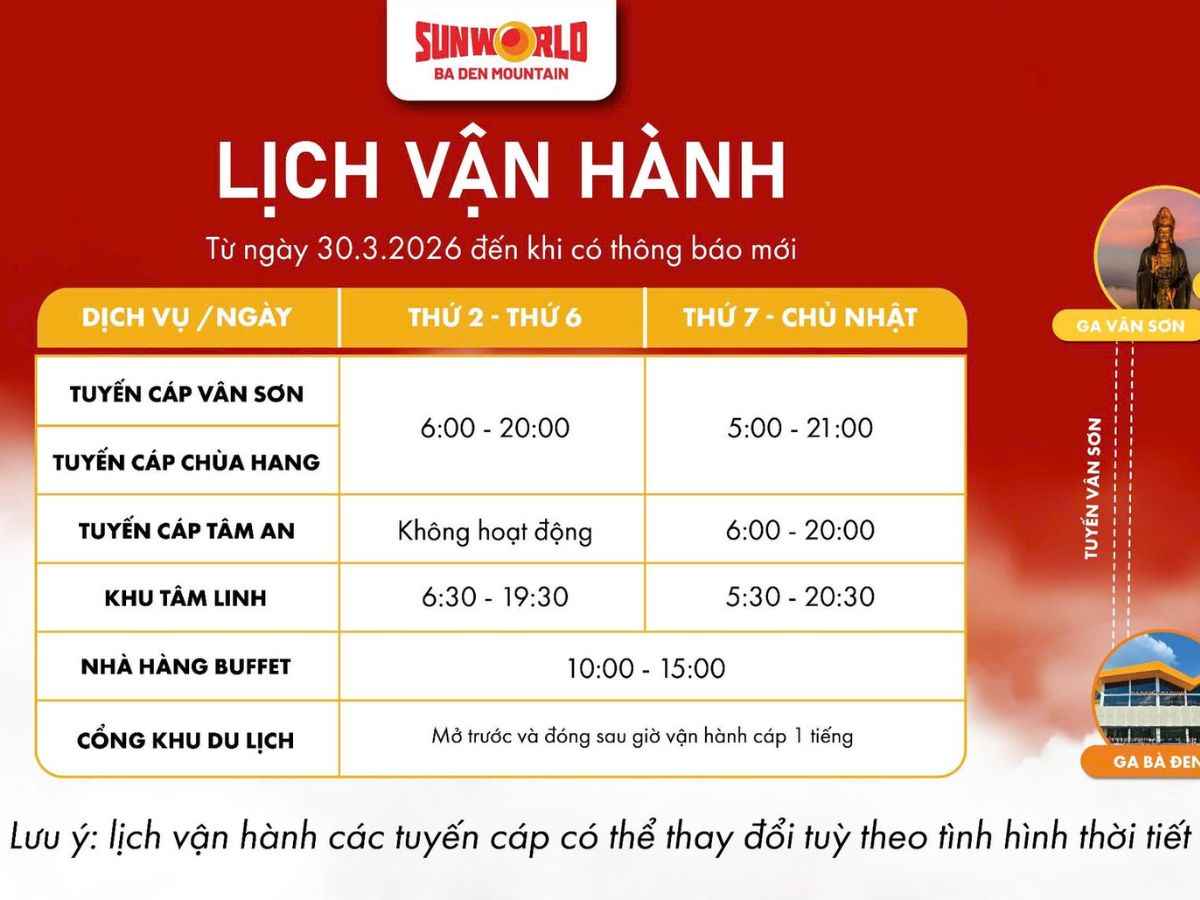 Thời gian hoạt động các hạng mục tại Sun World Ba Den Mountain.