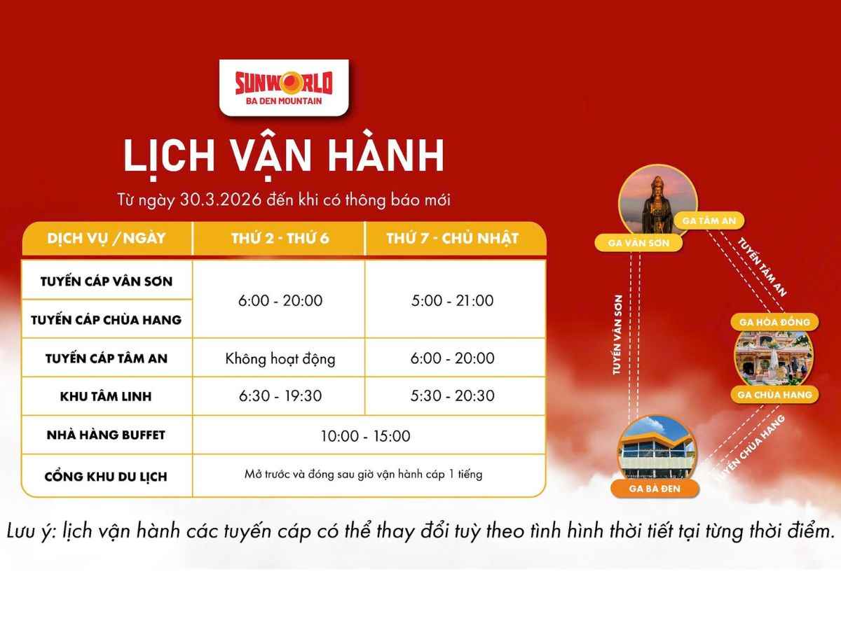 Giờ mở cửa các hạng mục tại Sun World Ba Den Mountain từ ngày 30/03/2026. 