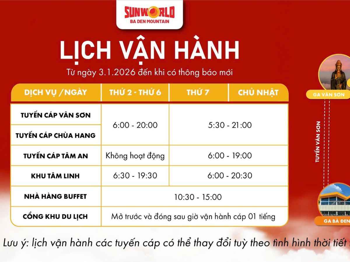 Lịch vận hành cáp treo tại núi Bà Đen từ ngày 3/1/2026. (Nguồn: Sưu tầm)