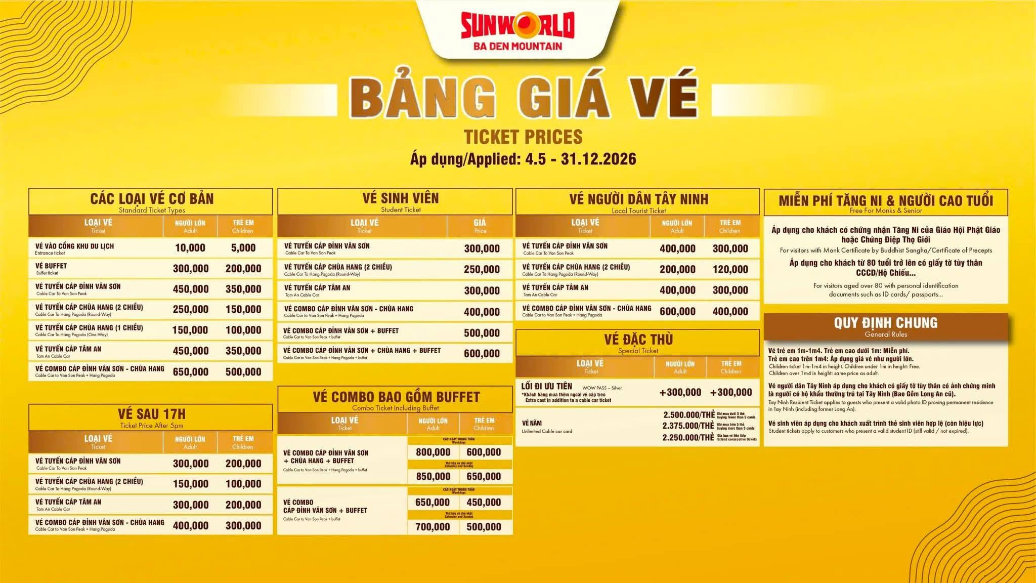 Bảng thông tin giá vé cáp treo núi Bà Đen. (Nguồn: Sun World Ba Den Mountain)&nbsp;