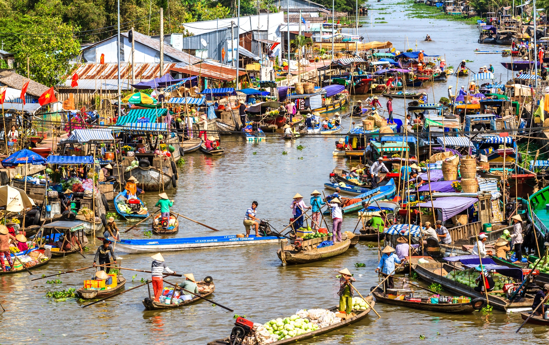 Hoạt động mua bán nhộn nhịp trên chợ nổi miền Tây vào buổi sáng sớm. (Nguồn: Sưu tầm)