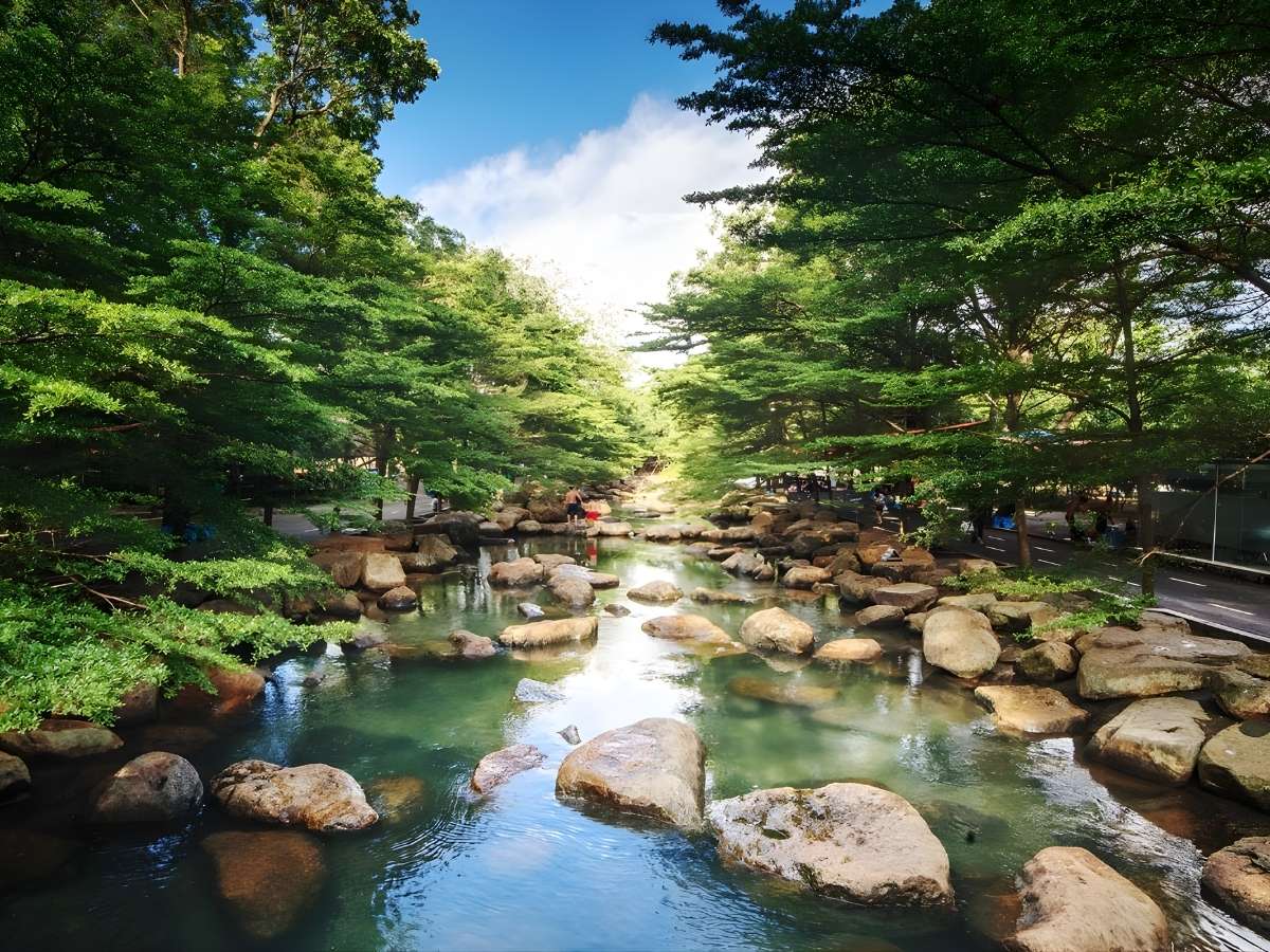 Suối nhân tạo và không gian xanh tại Khu du lịch Thủy Châu Bình Dương thích hợp dã ngoại gia đình. (Nguồn: Sưu tầm)&nbsp;
