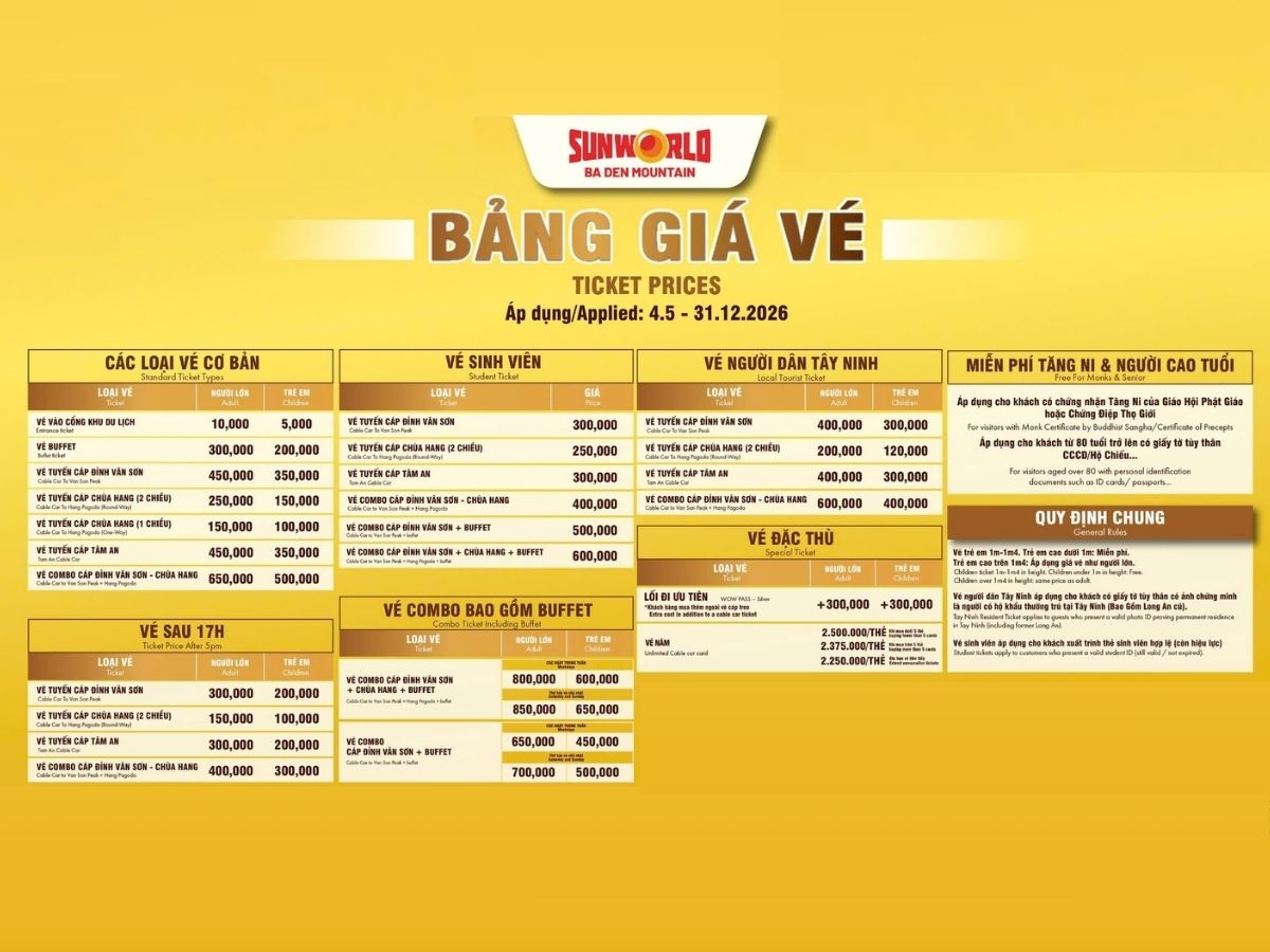 Chi tiết bảng giá vé cáp treo Sun World Ba Den Mountain năm 2026
