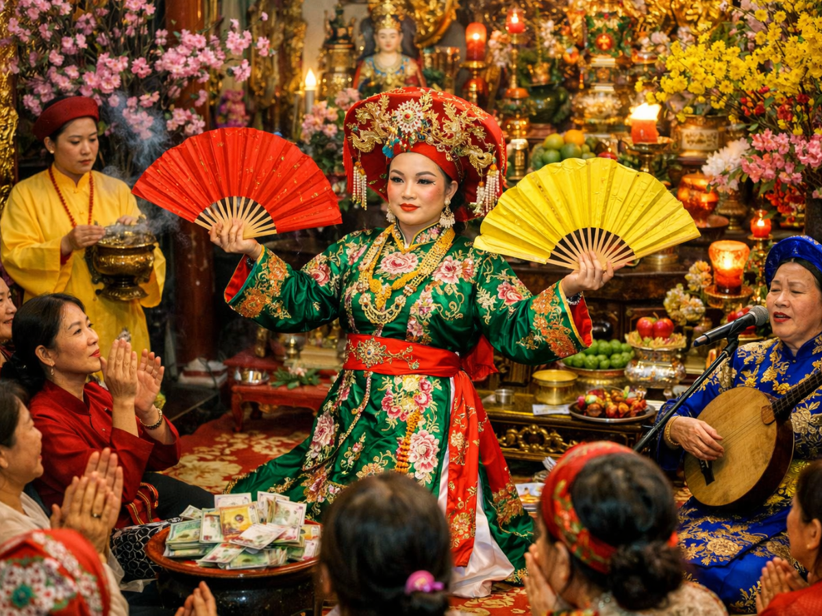 Cung văn và thanh đồng trong một nghi lễ hầu đồng