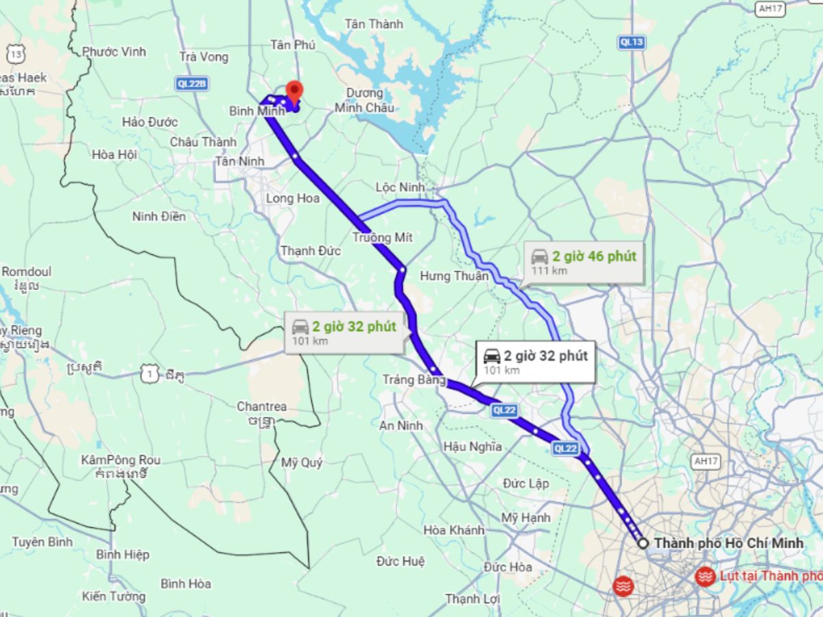 Từ TP.HCM đến Núi Bà Đen khoảng 100 km, thời gian di chuyển thường từ 2–3 giờ.