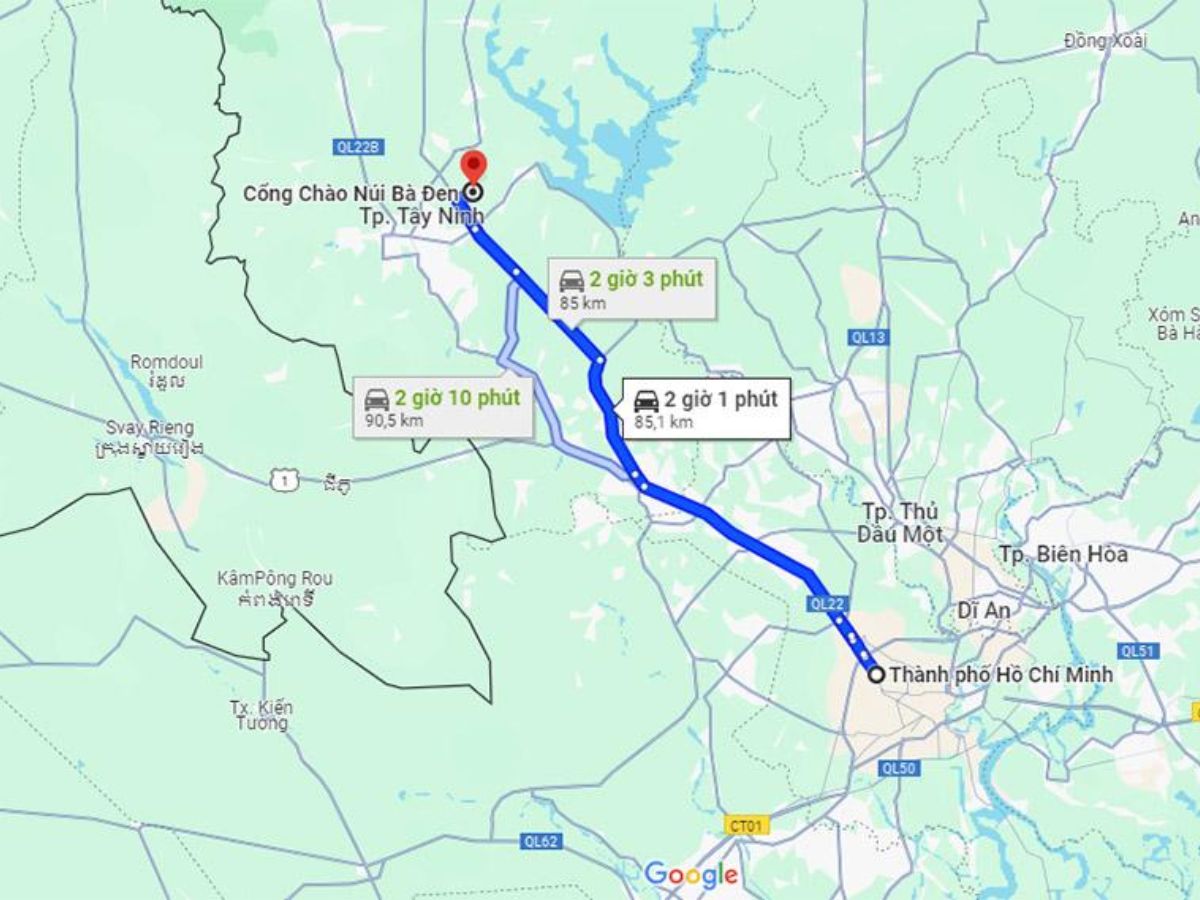 Lộ trình di chuyển từ Củ Chi đến Núi Bà Đen, Tây Ninh.
